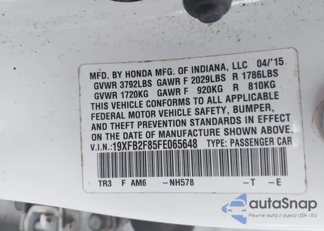 2015 Honda Civic Ex z USA, uszkodzony, nr VIN 19XFB2F85FE065648